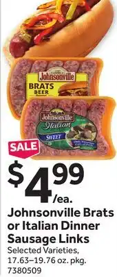 Stop&Shop Johnsonville Brats or Italian Dinner Sausage Links offer