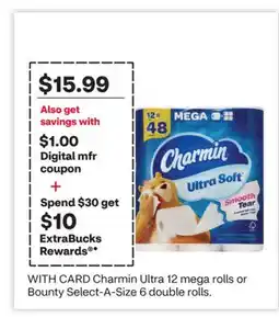 CVS Charmin Ultra 12 mega rolls or Bounty Select-A-Size 6 double rolls offer
