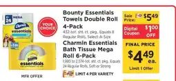 ShopRite Bounty Essentials Towels Double Roll 4-Pack / Charmin Essentials Bath Tissue Mega Roll 6-Pack offer