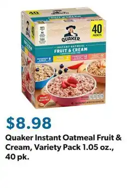 Sam's Club Quaker Instant Oatmeal Fruit & Cream, Variety Pack 1.05 oz., 40 pk offer