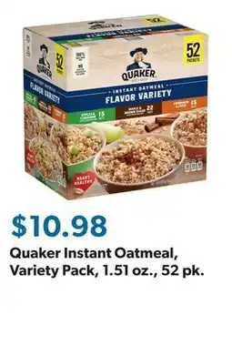 Sam's Club Quaker Instant Oatmeal, Variety Pack, 1.51 oz., 52 pk offer