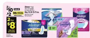 Dollar General Always Pads 20 ct. or Smaller or Liners 40-72 ct offer