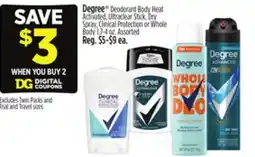 Dollar General Degree Deodorant Body Heat Activated, Ultraclear Stick, Dry Spray, Clinical Protection or Whole Body offer