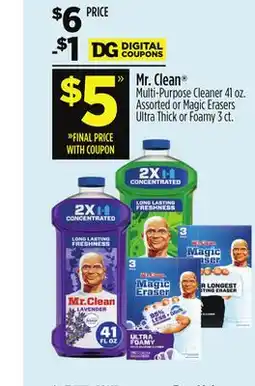Dollar General Mr. Clean Multi-Purpose Cleaner 41 oz. Assorted or Magic Erasers Ultra Thick or Foamy 3 ct offer