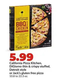 Hy-Vee California Pizza Kitchen, DiGiorno thin & crispy stuffed, Detroit style or Jack's gluten free pizza offer