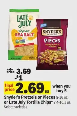 Meijer Snyder's Pretzels or Pieces 8-16 oz. or Late July Tortilla Chips* 7.4-10.1 oz offer