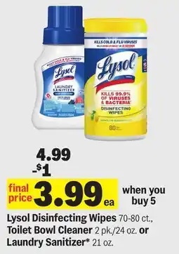 Meijer Lysol Disinfecting Wipes 70-80 ct., Toilet Bowl Cleaner 2 pk./24 oz. or Laundry Sanitizer* 21 oz offer