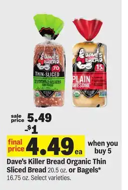 Meijer Dave's Killer Bread Organic Thin Sliced Bread 20.5 oz. or Bagels offer