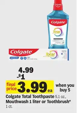 Meijer Colgate Total Toothpaste 5.1 oz., Mouthwash 1 liter or Toothbrush* 1 ct offer