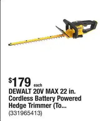 The Home Depot DEWALT 20V MAX 22 in. Cordless Battery Powered Hedge Trimmer (Tool Only) offer