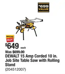 The Home Depot DEWALT 15 Amp Corded 10 in. Job Site Table Saw with Rolling Stand offer