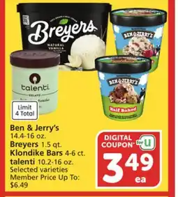 Vons Ben & Jerry's 14.4-16 oz. Breyers 1.5 qt. Klondike Bars 4-6 ct. talenti 10.2-16 oz offer