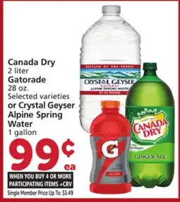 Vons Canada Dry 2 liter Gatorade 28 oz. Selected varieties or Crystal Geyser Alpine Spring Water 1 gallon offer
