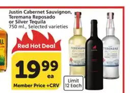 Vons Justin Cabernet Sauvignon, Teremana Reposado or Silver Tequila offer