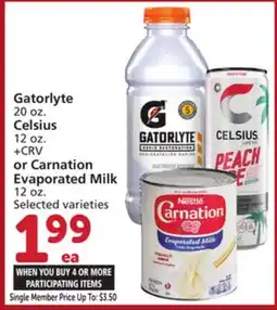 Vons Gatorlyte 20 oz. Celsius 12 oz. + CRV or Carnation Evaporated Milk 12 oz offer