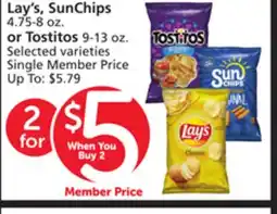 Vons Lay's, SunChips 4.75-8 oz. or Tostitos 9-13 oz offer