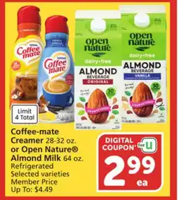 Vons Coffee-mate Creamer 28-32 oz. or Open Nature Almond Milk 64 oz offer