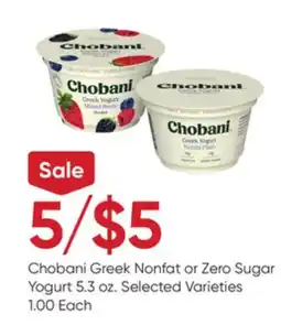 Stater Bros Chobani Greek Nonfat or Zero Sugar Yogurt offer