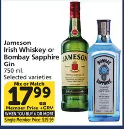 Albertsons Jameson Irish Whiskey or Bombay Sapphire Gin offer