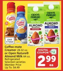 Albertsons Coffee-mate Creamer 28-32 oz. or Open Nature Almond Milk 64 oz offer