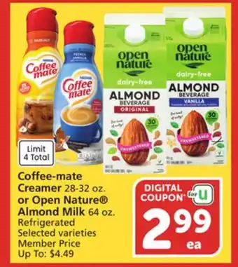Albertsons Coffee-mate Creamer 28-32 oz. or Open Nature Almond Milk 64 oz offer