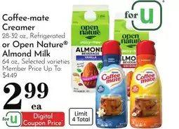 Pavilions Coffee-mate Creamer 28-32 oz., Refrigerated or Open Nature Almond Milk 64 oz offer