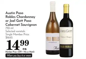 Pavilions Austin Paso Robles Chardonnay or Joel Gott Paso Cabernet Sauvignon offer