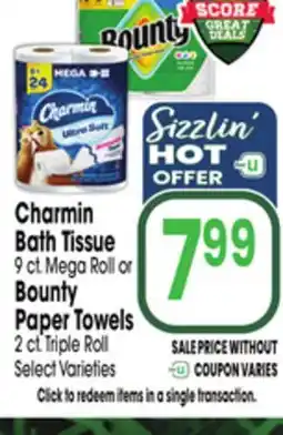 Jewel-Osco Charmin Bath Tissue 9 ct. Mega Roll or Bounty Paper Towels 2 ct. Triple Roll offer