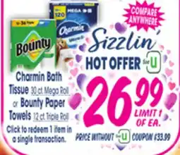 Jewel-Osco Charmin Bath Tissue 30 ct. Mega Roll or Bounty Paper Towels 12 ct. Triple Roll offer