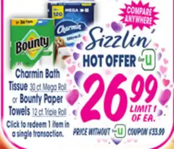 Jewel-Osco Charmin Bath Tissue 30 ct. Mega Roll or Bounty Paper Towels 12 ct. Triple Roll offer