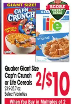 Jewel-Osco Quaker Giant Size Cap'n Crunch or Life Cereals offer