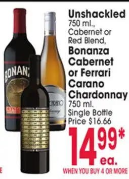 Jewel-Osco Unshackled 750 ml., Cabernet or Red Blend, Bonanza Cabernet or Ferrari Carano Chardonnay 750 ml offer