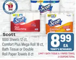 Tony’s Fresh Market Scott 1000 Sheets 12 ct, Comfort Plus Mega Roll 18 ct, Bath Tissue or Double Roll Paper Towels 8 ct offer