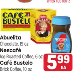 Tony’s Fresh Market Abuelita Chocolate, 19 oz, Nescafé Ice Roasted Coffee, 6 oz, Café Bustelo Brick Coffee, 10 oz offer