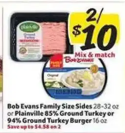 Winn Dixie Bob Evans Family Size Sides or Plainville Ground Turkey offer