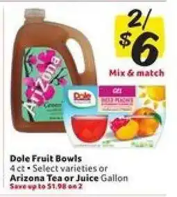 Winn Dixie Dole Fruit Bowls or Arizona Tea or Juice offer