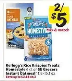 Winn Dixie Kellogg's Rice Krispies Treats Homestyle or SE Grocers Instant Oatmeal offer