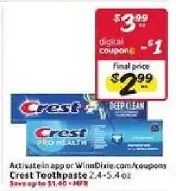 Winn Dixie Crest Toothpaste offer