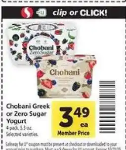 Safeway Chobani Greek or Zero Sugar Yogurt offer