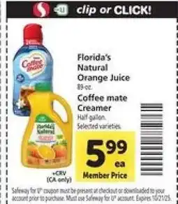 Safeway Florida's Natural Orange Juice & Coffee mate Creamer offer