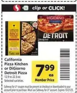 Safeway California Pizza Kitchen or DiGiorno Detroit Pizza offer