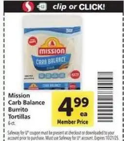 Safeway Mission Carb Balance Burrito Tortillas offer