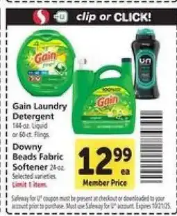 Safeway Gain Laundry Detergent / Downy Beads Fabric Softener offer