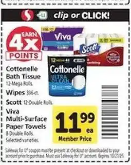 Safeway Cottonelle Bath Tissue, Wipes, Scott, Viva Multi-Surface Paper Towels offer