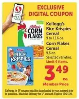 Safeway Kellogg's Rice Krispies Cereal / Corn Flakes Cereal offer