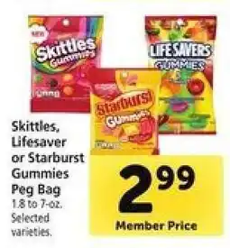 Safeway Skittles, Lifesaver or Starburst Gummies Peg Bag offer
