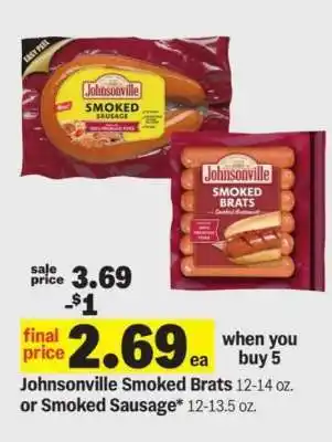 Meijer Johnsonville Smoked Brats or Smoked Sausage offer