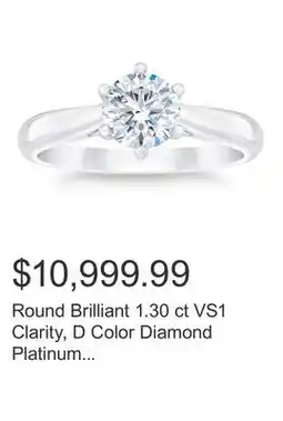 Costco Round Brilliant 1.30 ct VS1 Clarity, D Color Diamond Platinum Solitaire Ring offer