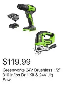 Costco Greenworks 24V Brushless 1/2 310 in/lbs Drill Kit & 24V Jig Saw offer