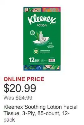 Costco Kleenex Soothing Lotion Facial Tissue, 3-Ply, 85-count, 12-pack offer